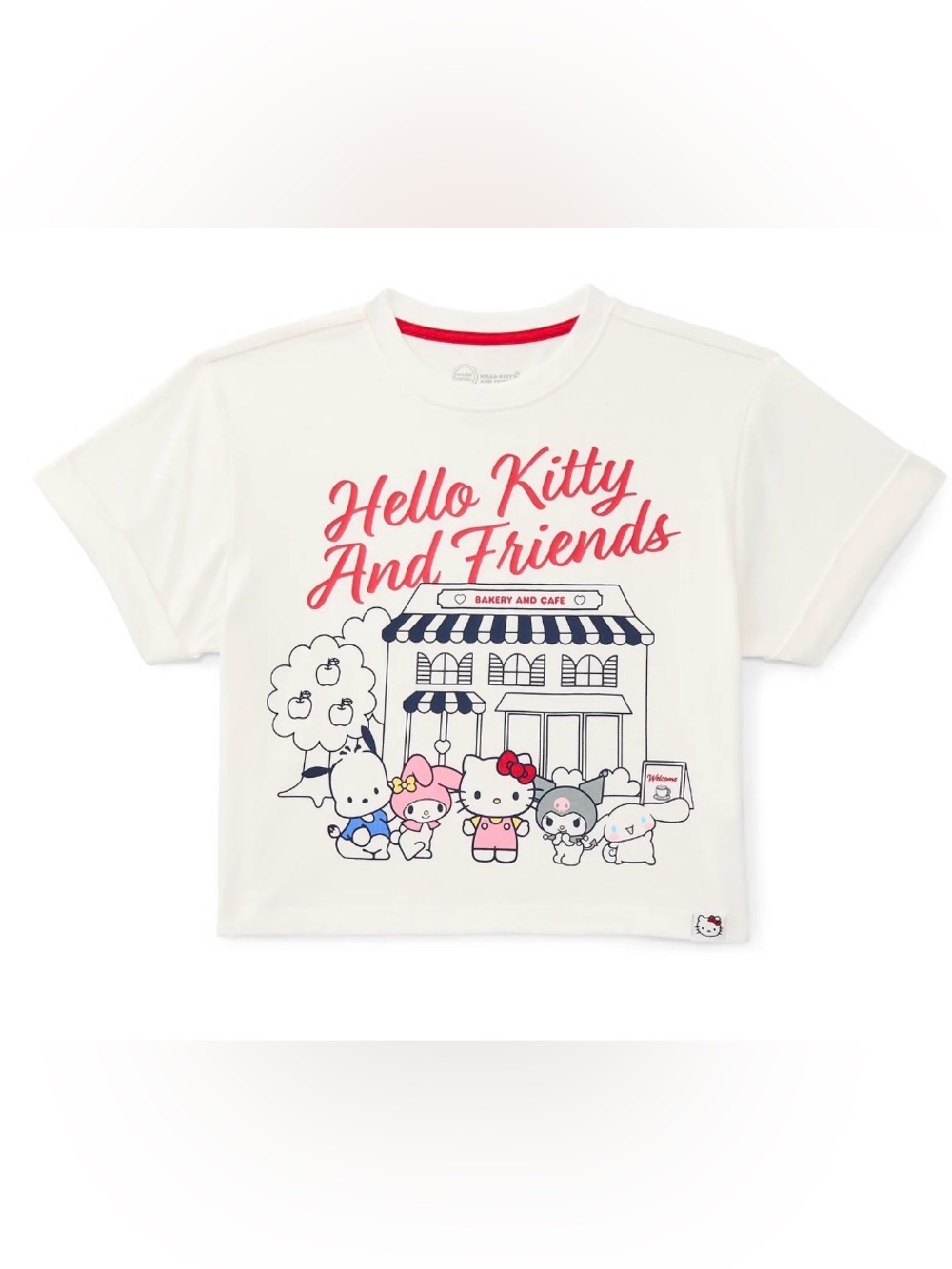 (278)Hello Kitty Girls White Short Sleeve Tee with Colorful Bakery Print